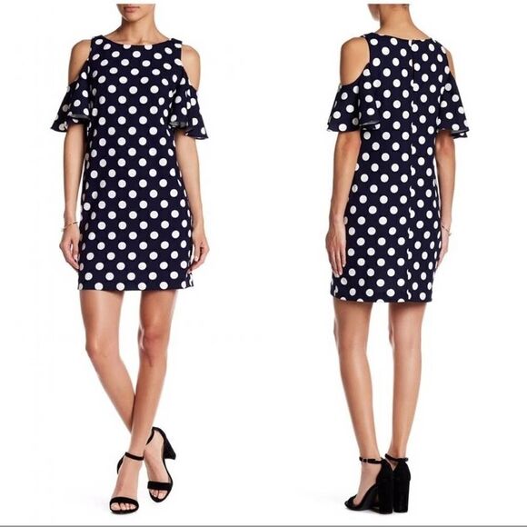 Eliza J Polka Dot Cold-Shoulder Stretch Dress sz 2 - Picture 1 of 10